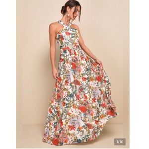 Lulus Floral Maxi Dress XS Cream Multi Botanical Cross Back Halter Chiffon